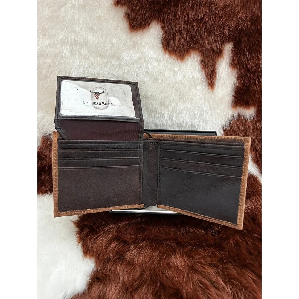 American Bison Mens Genuine Leather RFID Bifold Wallet Distressed Brown